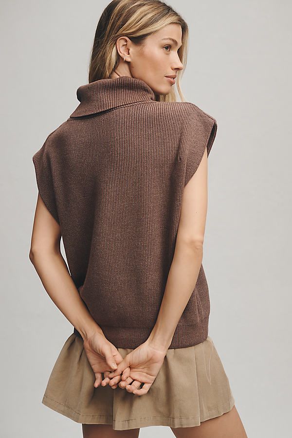 51% viscose, 27% polyester, 22% polyamide Pullover styling Hand wash Imported | Mock-Neck Muscle Sweater Vest by Maeve in Brown, Women's, Size: 2XS, Polyester/Polyamide/Viscose at Anthropologie Turtle Neck Sleeveless, Sleeveless Sweater Vest, Brown Fits, Sleeveless Sweater, 50 Fashion, Dress Backs, Sweater Vest, Piece Of Clothing, Pullover Styling