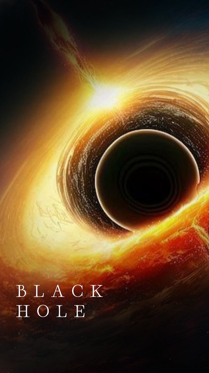 a black hole in the sky with an orange and yellow spiral around it that reads, black hole