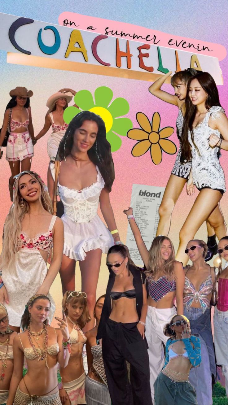 a collage of women in bathing suits and bikinis with the words coachella on them