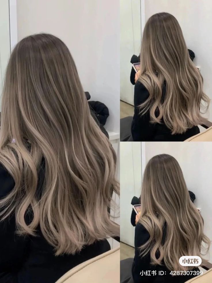 Ash Brown Dimensional Balayage, Amberes Hair Color, Light Smokey Brown Hair, Different Color Balayage Hair, Neutral Hair Dye Ideas, Smokey Mushroom Brown Hair, Hair Color 2023 Asian, One Process Hair Color, Asian Bayalage Hair Ash Brown