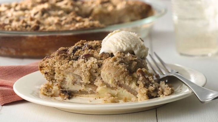 a piece of pie on a plate with ice cream