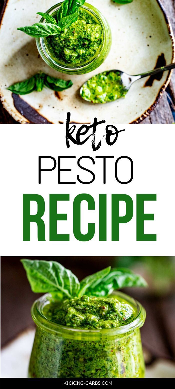 pesto in a glass jar with basil leaves on top and the text keto pesto recipe above it