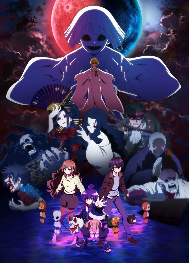 an anime poster with many different characters in front of a full moon and sky background