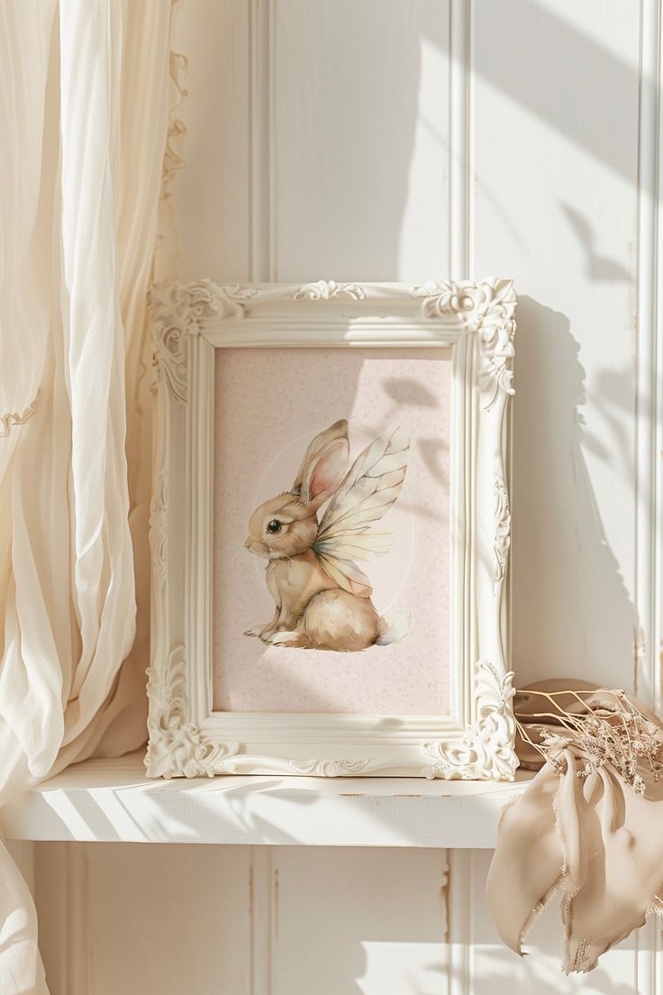 a white frame with a painting of a bunny on it