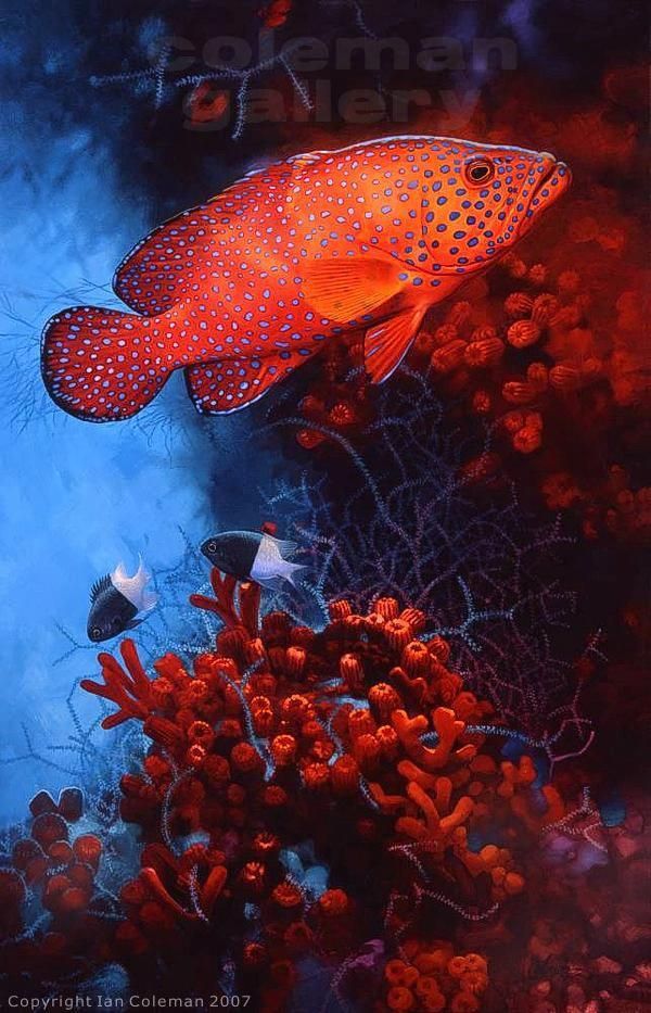 a painting of a fish in the water with corals and other marine life around it