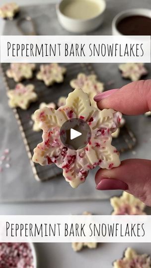 the process to make peppermint bark snowflakes is shown in three different stages