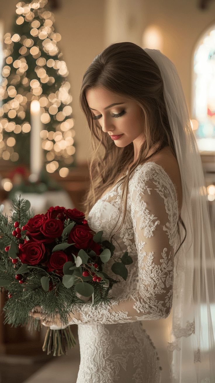 a woman in a wedding dress holding a bouquet of red roses and greenery with a lit christmas tree behind her