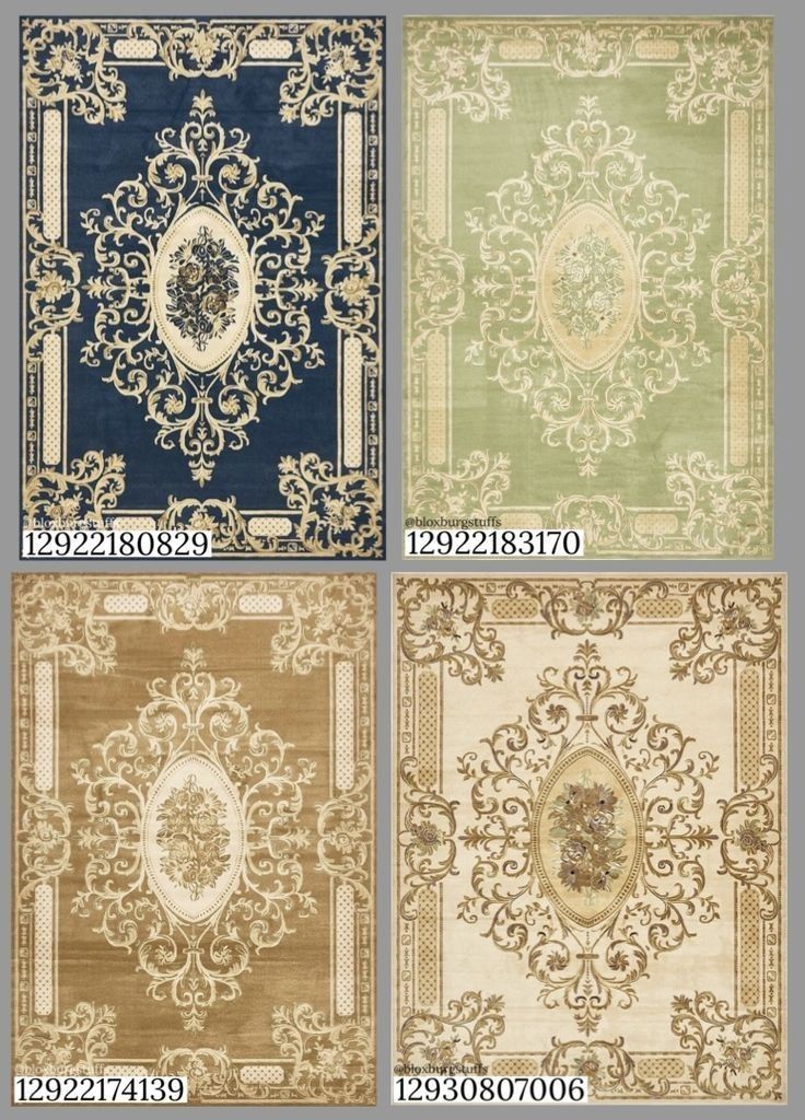 four rugs with different colors and designs on them, all in various sizes and shapes