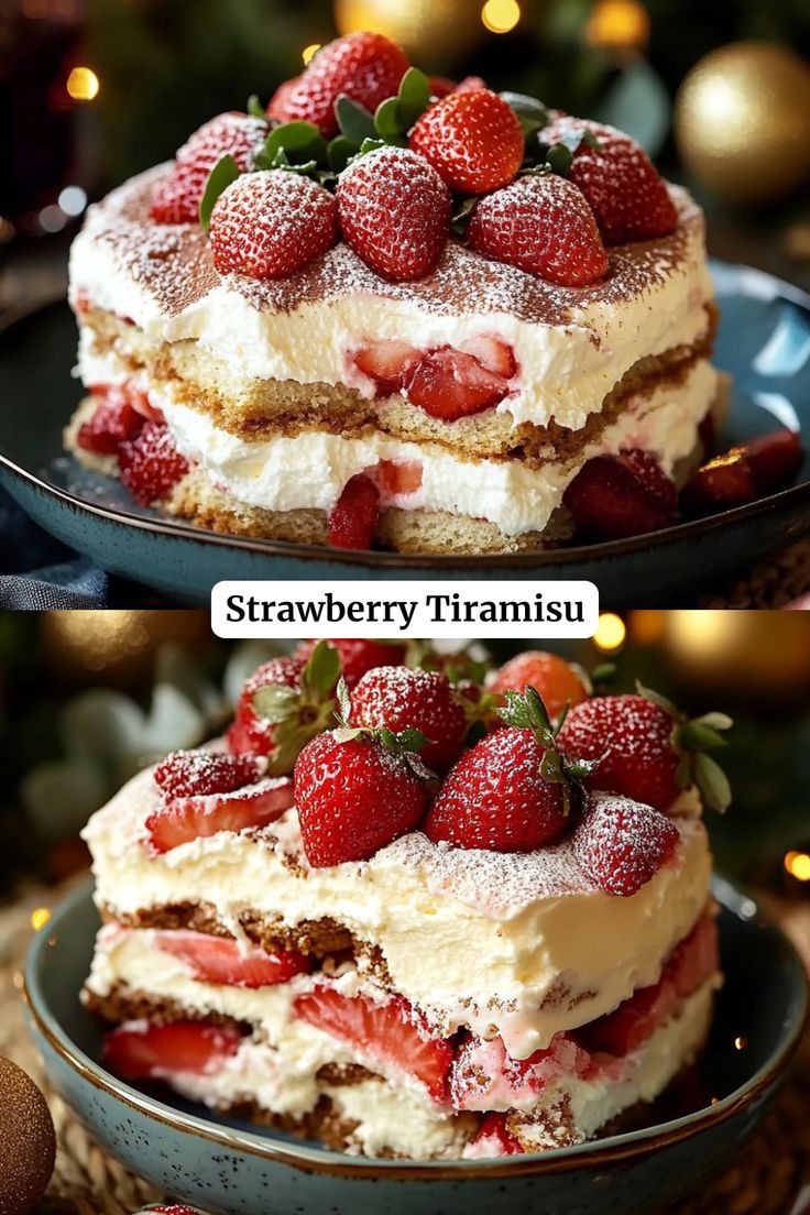 two pictures of strawberries on top of a cake with the words strawberry thramism