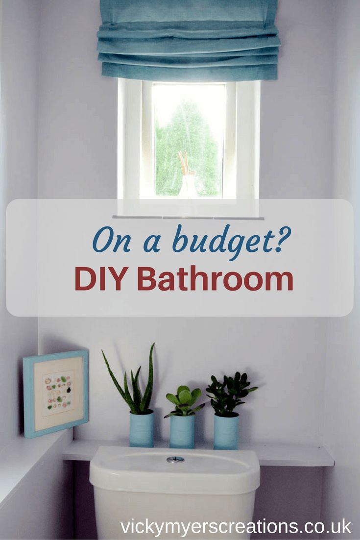 a bathroom with the words on a budget? diy bathroom above it is a toilet and plants