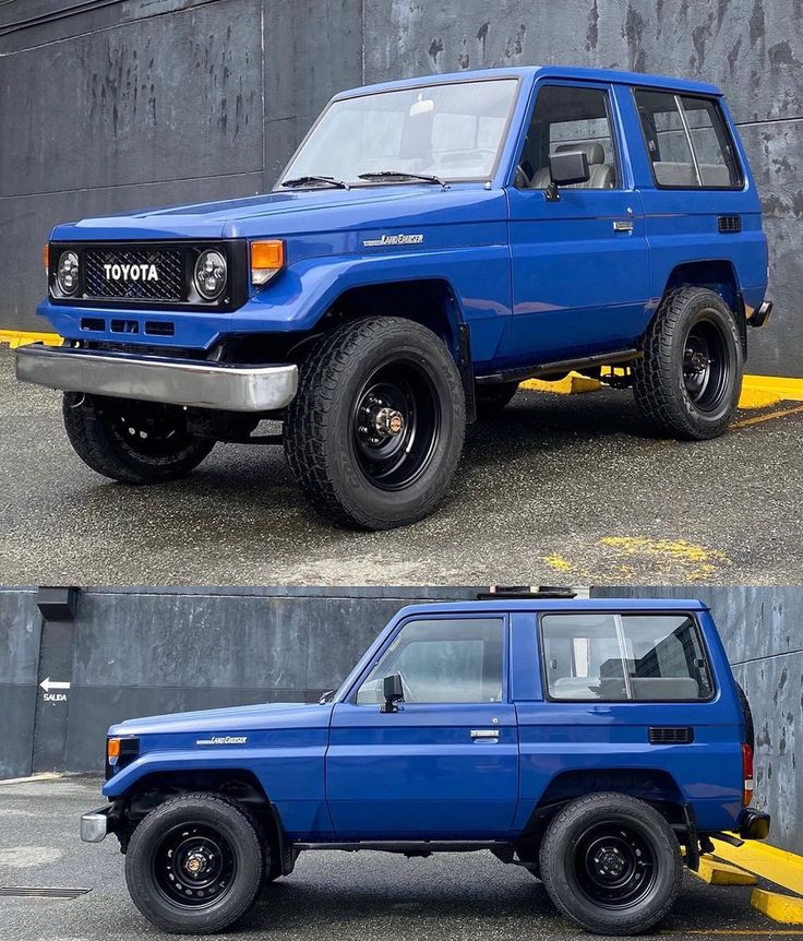 two pictures of the same blue vehicle