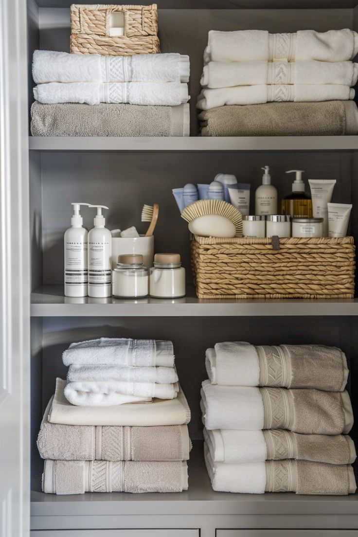 towels, soaps and other items are arranged on shelves in a linen storage unit