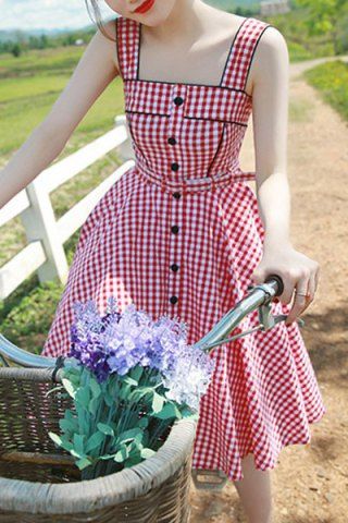 Sweet Square Neck Tiny Red Plaid Printed Flare Midi Dress For WomenVintage Dresses | RoseGal.com Grid Dress, Sweet Dresses, Aesthetic Color, Vintage 1950s Dresses, Bday Girl, Female Clothing, Vestidos Vintage, Vintage Style Dresses, Gingham Dress