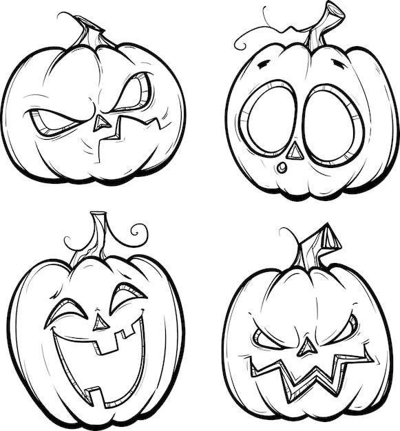 four pumpkins with faces drawn on them