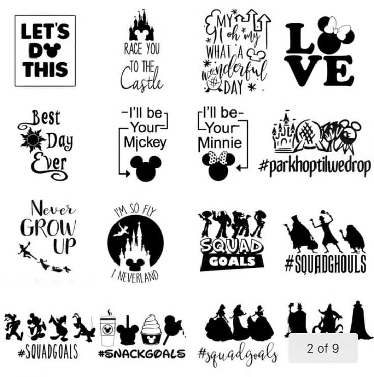 various disney and mickey mouse decals are shown in black on a white background with the words, let's do this