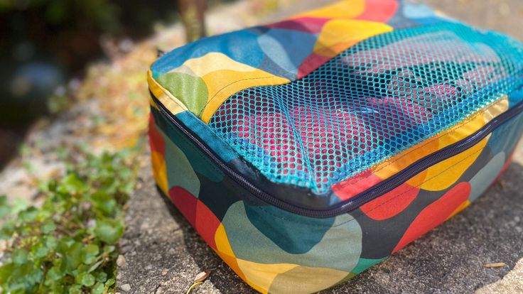 a colorful piece of luggage sitting on top of a cement ground next to green plants