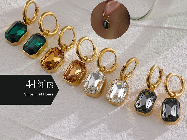 ♥ 4 Pairs - Clear, Champaign, Charcoal, and Emerald Green.  Perfect for your summer outfits! ♥ Pair the item with Gold Ring Cuff https://klutchmerch.etsy.com/listing/1597218653 ♥ 18k-gold-plated Stainless Steel Gold Plated Huggie Dangle Emerald Cut Earrings.  These are absolutely stunning for any engagement.  Perfect for the Holiday season or a night out season.  Dress them up or down, this pair of stunning and timeless Emerald Cut Earring will be a show stopper.  Upgrade your jewelry collection Cubic Zirconia Hoop Earrings, Gift Sets For Her, Green Square, Jeweled Earrings, Waterproof Jewelry, Zirconia Earrings, Geometric Earrings, Trendy Jewelry, Jewelry Earrings Hoops