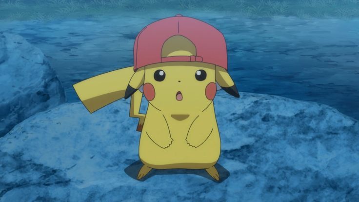 a pikachu with a hat and backpack on top of rocks in the water