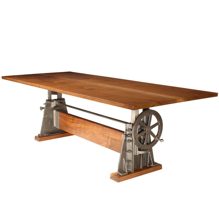 a wooden table with metal wheels on it