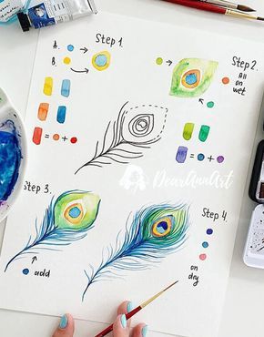 someone is drawing with watercolors on paper and using paintbrushes to draw the feathers