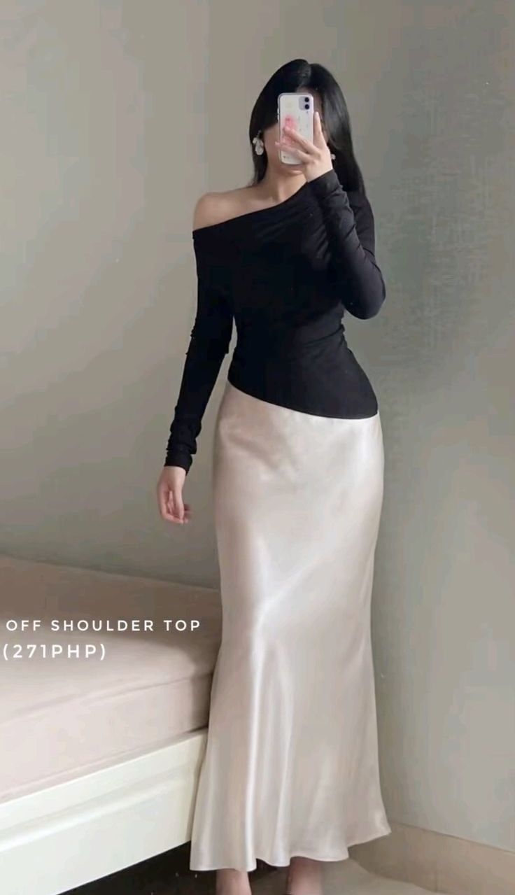 Formal Long Skirt Outfit Classy, Rich Aunt Outfit Ideas, Formal Satin Skirt Outfit, Shoes With Long Skirts, Elegant Bag Classy, Maxi Skirt Outfit Formal, Taupe Skirt Outfit, Shirt And Long Skirt Outfit, Cold Weather Wedding Outfit Guest Classy