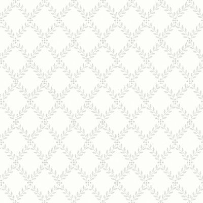 a white wallpaper with small leaves on the top and bottom corner, in an ornate pattern