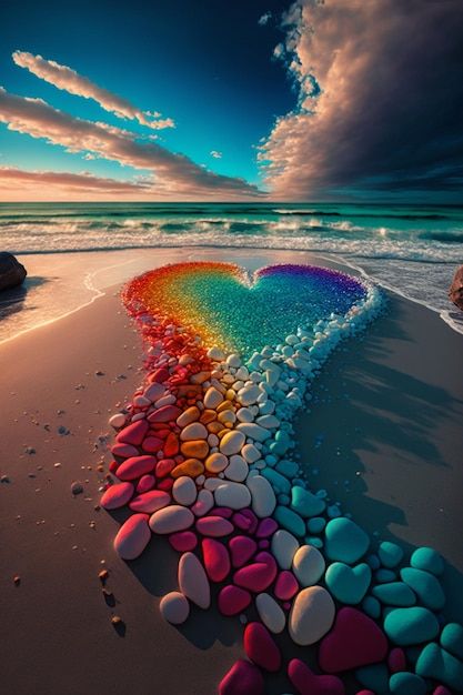 there is a heart made out of rocks on the beach