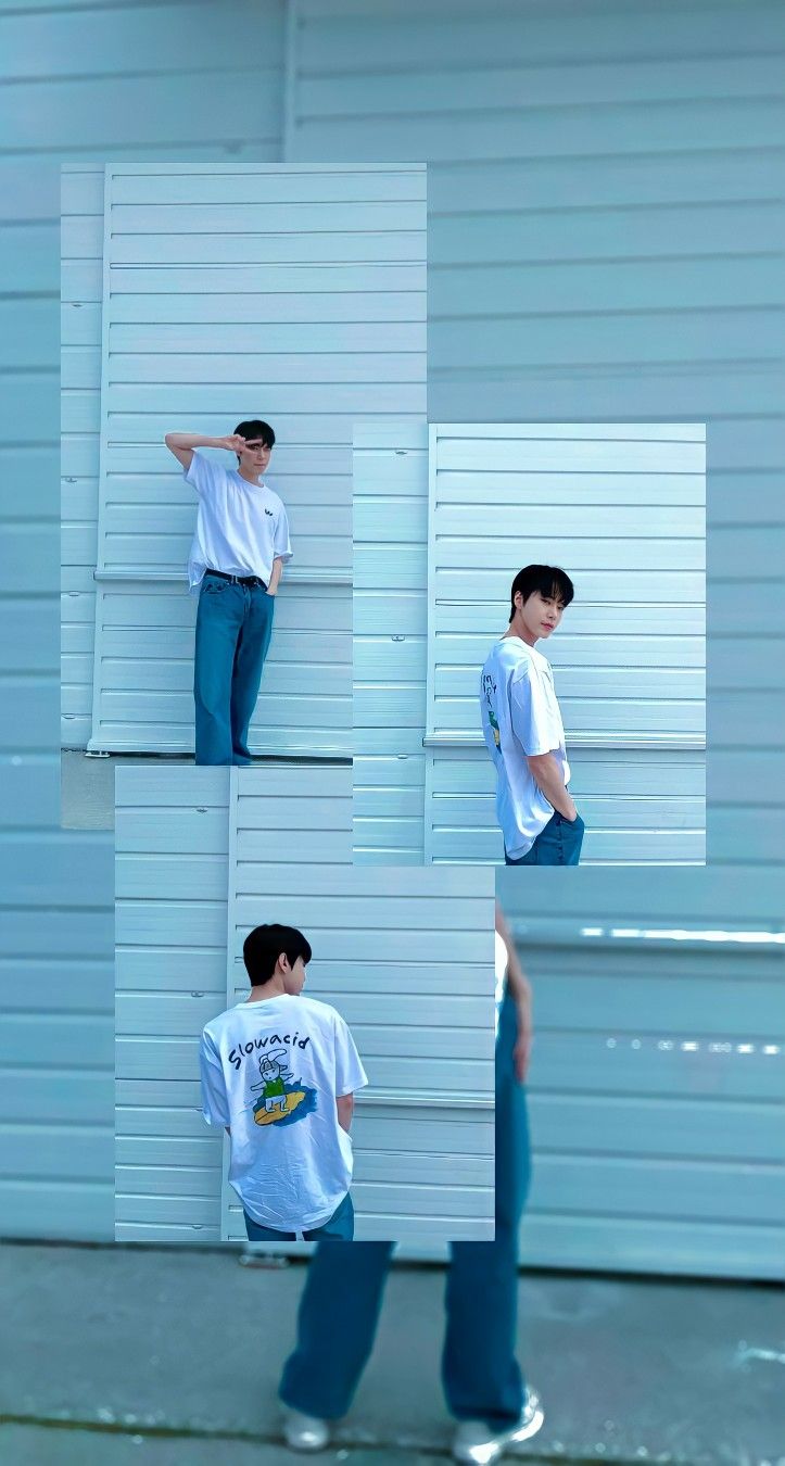 four different shots of a man leaning against a wall