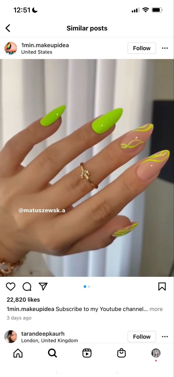 Neon Green Swirl Nails, Lime Green Neon Nails, Lime Neon Nails, Yellow Green Nails Acrylic, Neon Green Almond Nails Designs, Neon Green Manicure, Like Green Acrylic Nails, Neon Green Oval Nails, Nails 2023 Trends Neon