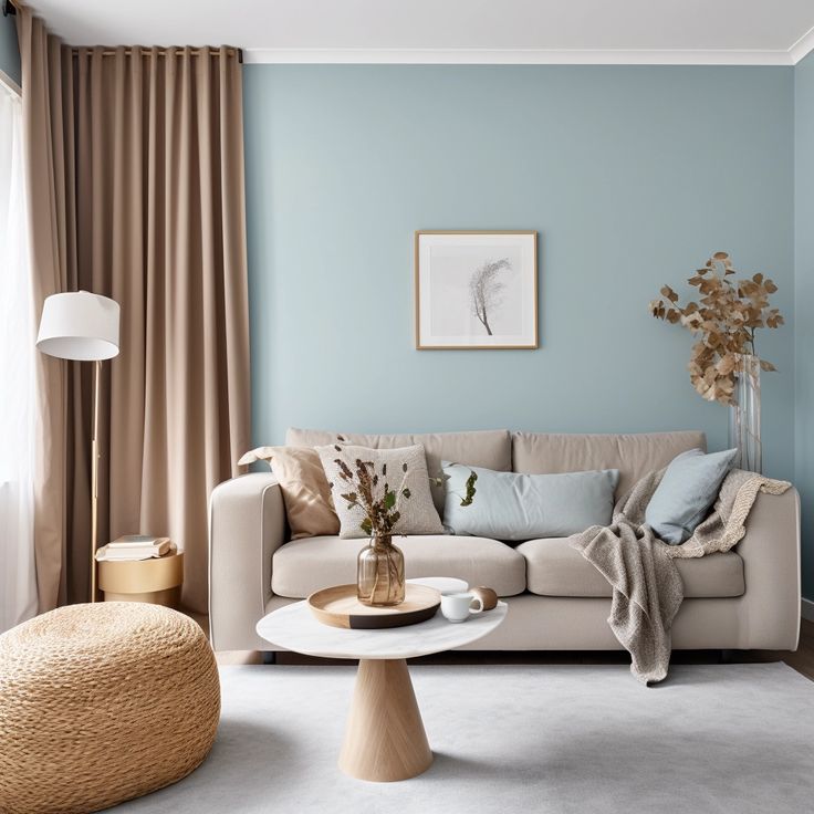 a living room with blue walls and white rugs on the floor, beige curtains