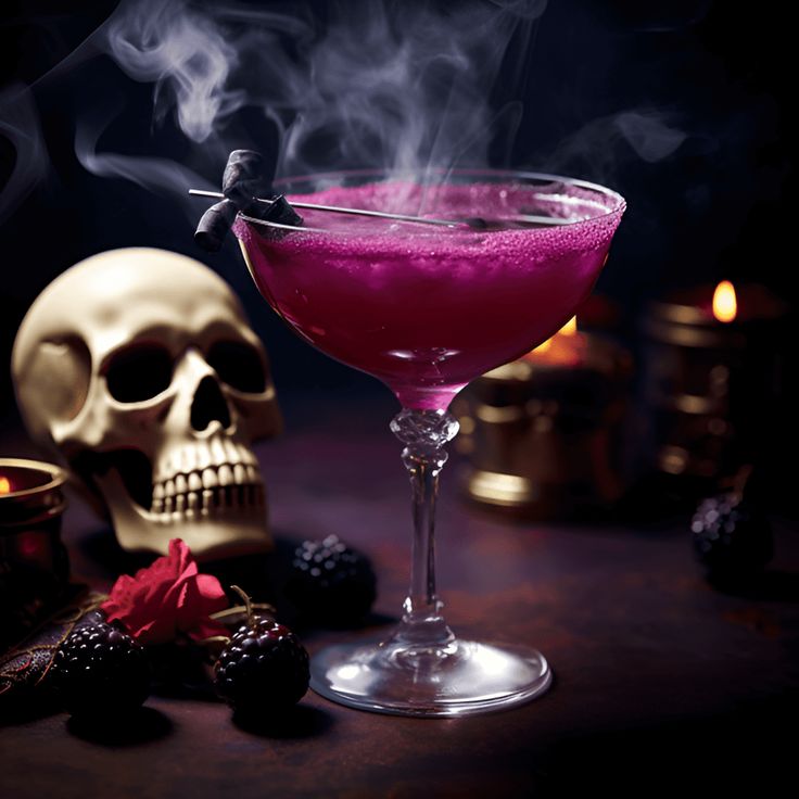 a pink drink sitting on top of a table next to a skull