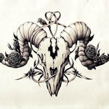 a drawing of a ram skull with roses on it's head and two horns