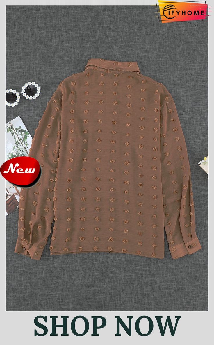 Brown Long Sleeve Button Fuzzy Polka Dot Shirt Elegant Brown Button-up Shirt, Brown Button-up Blouse, Vintage Brown Blouse With Button Closure, Cheap Polka Dot Button-up Blouse, Long Sleeve Polka-dot Blouse With Button Closure, Polka Dot Shirt, Polka Dots, Dots, Long Sleeve