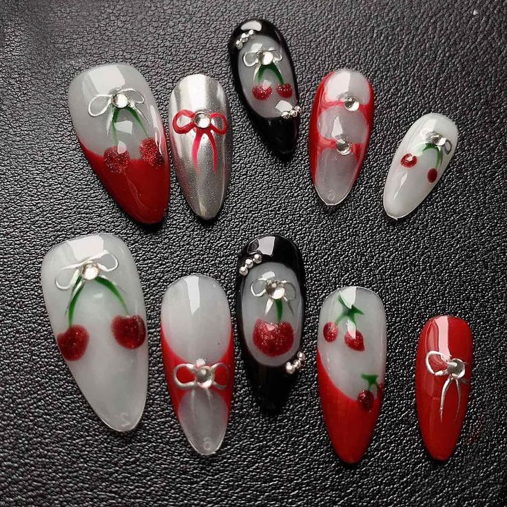 #NailGoals #BeautyStyle #NailDesignInspo #nailart #personalizednails #naildesigns #freshlook #nailtrend #nailsnailsnails #nails #naildesign #nailart #pressonnails #pressons Cherry Theme Nails, 3d Cherry Nails, Cherry Pedicure, 21st Nails, Cherry Decorations, Cherry Theme, Theme Nails, Cherry Nail Art, Themed Nails