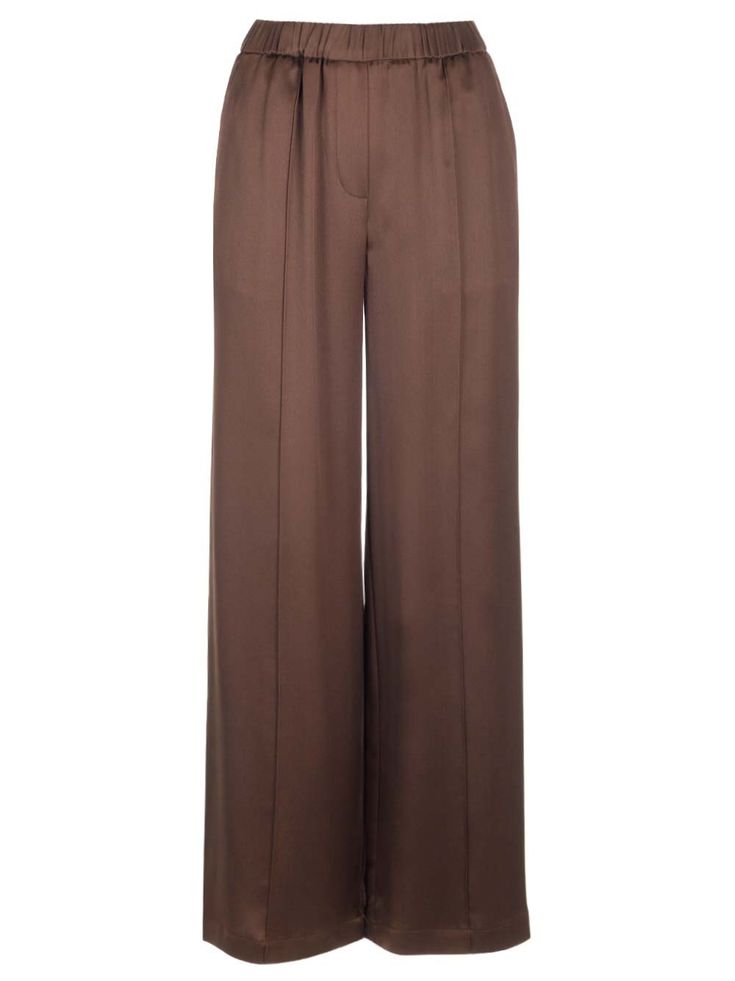 Dark chocolate pajama trousers from Loewe in silk, soft fit, regular length, medium waist, loose leg, elasticated waist, seam pockets, stitched crease, patch pocket embroidered with anagram on the back. Silk Wide Leg Pants With Elastic Waistband For Work, Luxury Wide Leg Pants With Pockets, Luxury Brown Workwear Pants, Luxury Brown Straight Pants, Luxury Brown Trousers, Luxury Brown Bottoms For Workwear, Luxury Brown Workwear Bottoms, Luxury Brown Pants, Brown Wide Leg Trousers With Welt Pockets