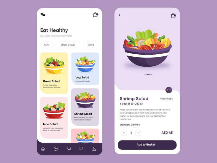 two mobile screens showing different food items