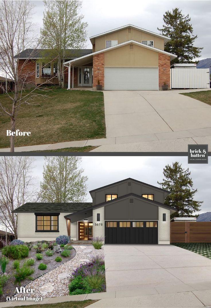 before and after photos of a house in the middle of a driveway with landscaping around it