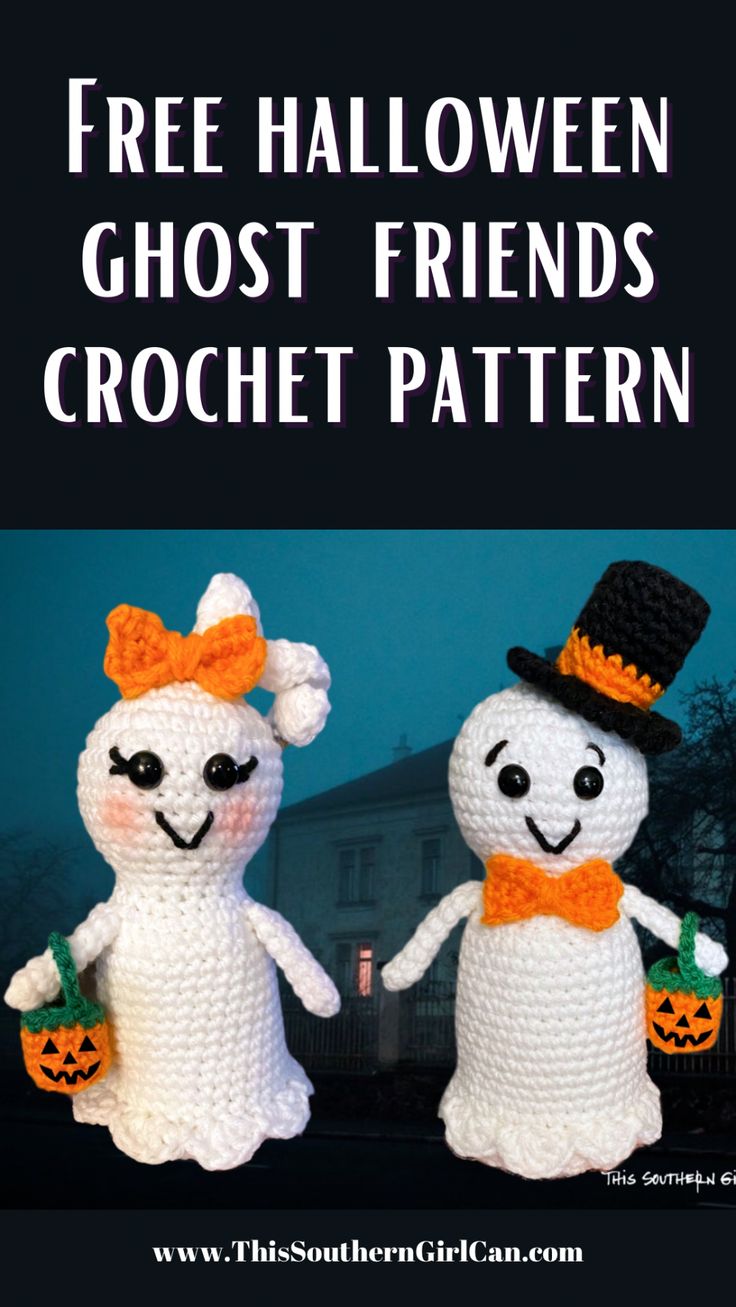 two crocheted snowmen holding hands with the text free halloween ghost friends crochet pattern