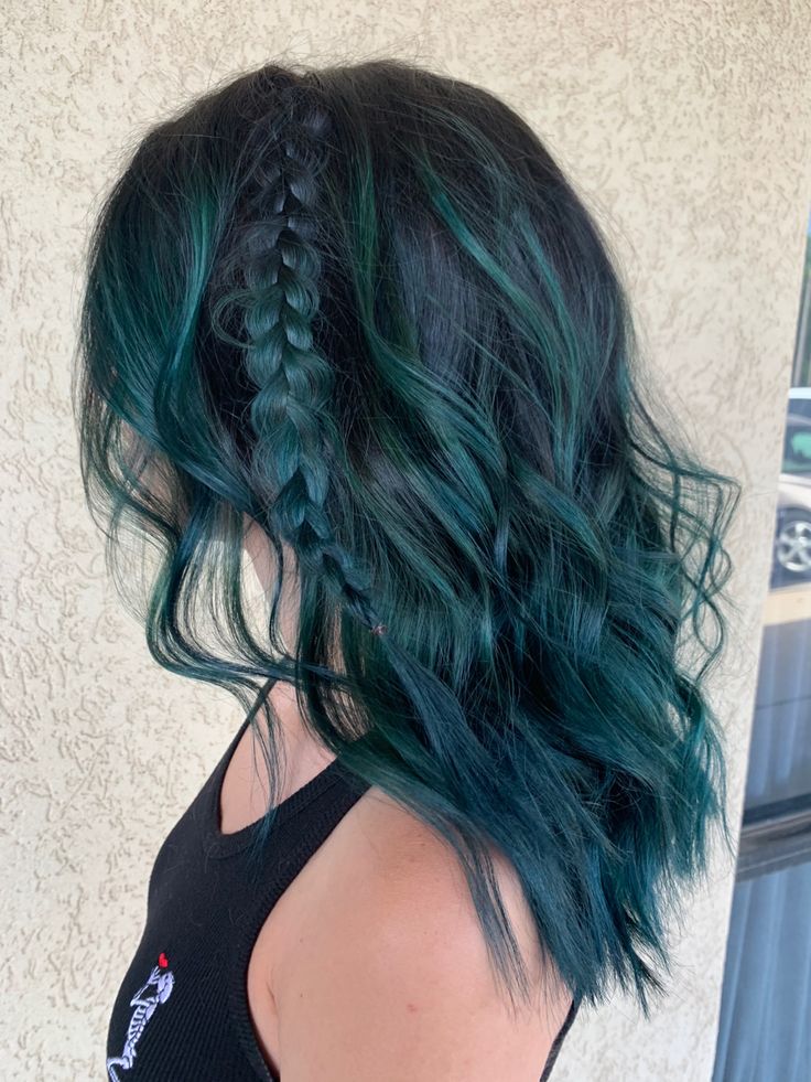 Teal Hair Inspiration, Navy Teal Hair, Emerald Green And Blue Hair, Turquoise Balayage Hair, Emerald Green Hair With Dark Roots, Dark Aqua Hair, 2023 Vivid Hair, Midnight Green Hair, Emerald Green And Blonde Hair