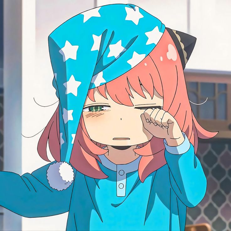 a girl with pink hair wearing a blue outfit and stars on it's head