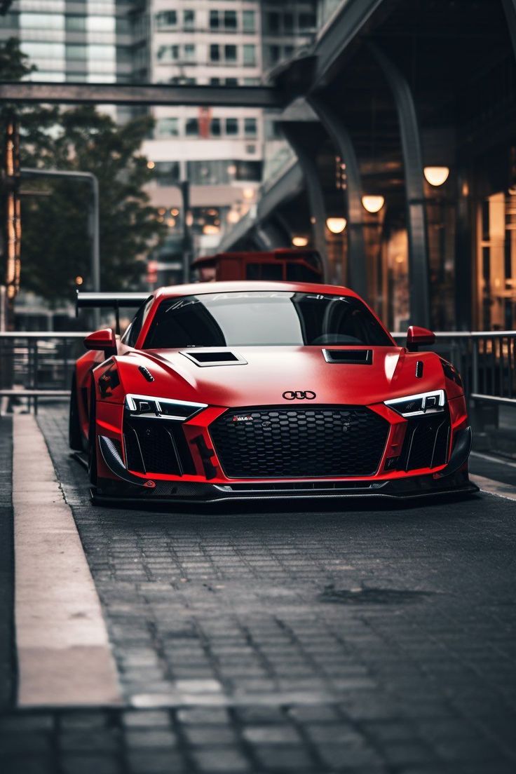 a red sports car parked on the side of a road in front of tall buildings