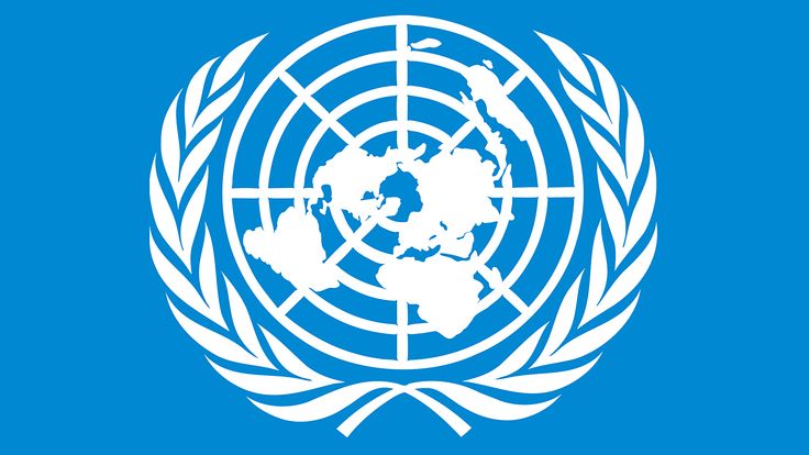 the united nations flag is shown in white on a blue background, with an earth globe