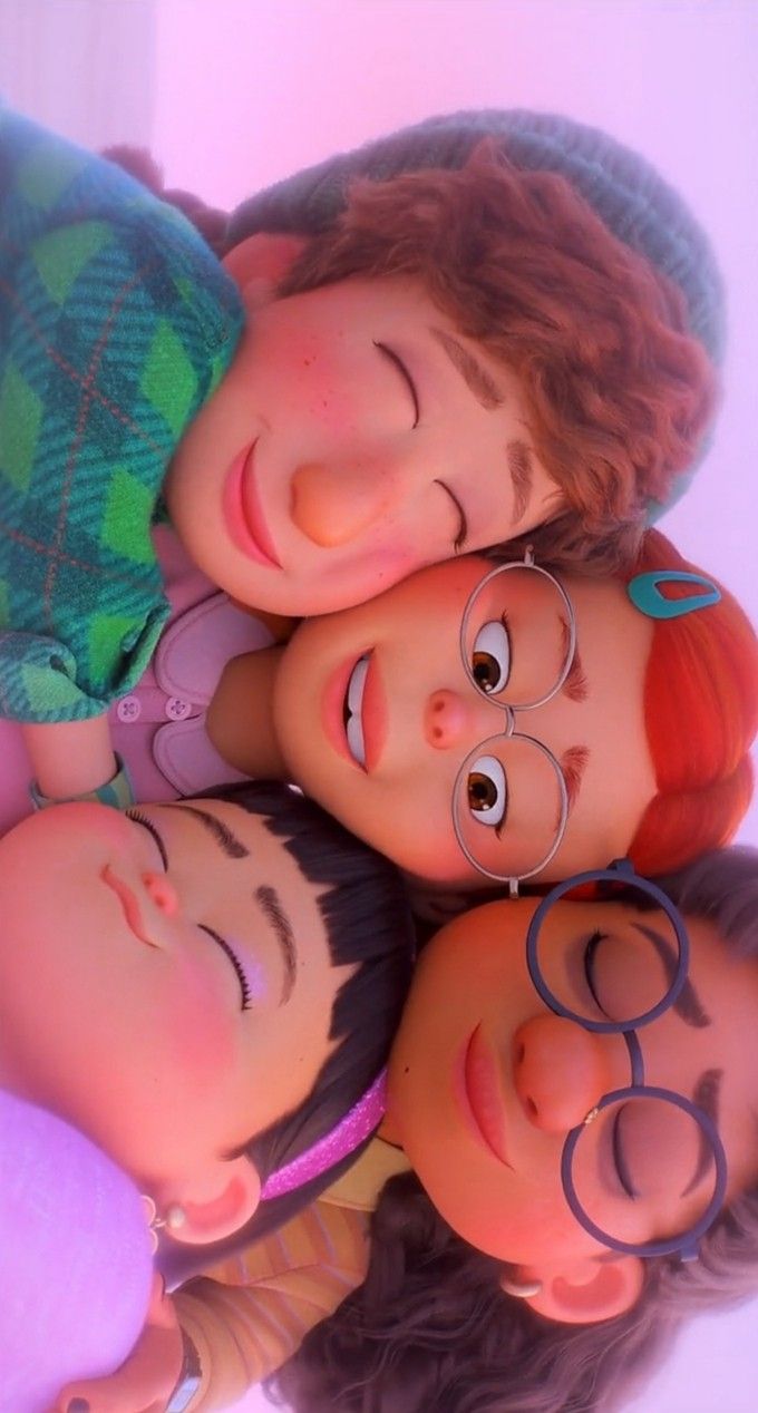 three children are laying on top of each other with their eyes closed and one is wearing glasses