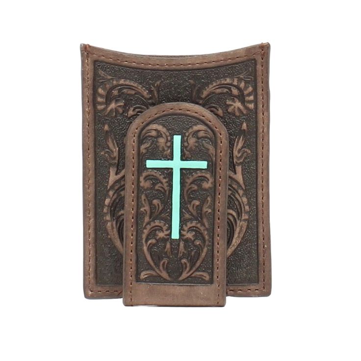 Style number: A3527202 Money clip wallet Brown leather Embossed pattern Thin turquoise cross Slots for cards and money Turquoise Cross, Mens Wallet, Tractor Supplies, Clip Wallet, Cross Paintings, Money Clip Wallet, Cross Designs, Brown Floral, Leather Cover