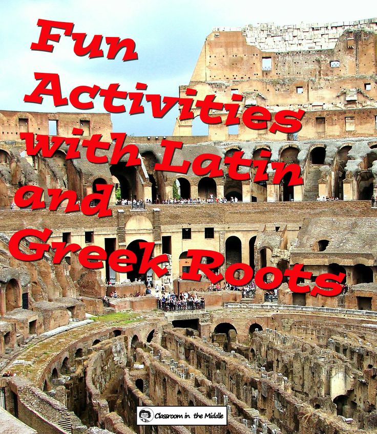 the words fun activities with latin and greek roots are in front of an image of roman ruins