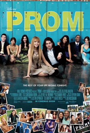 the movie prom is shown in front of a blue wall with many pictures on it