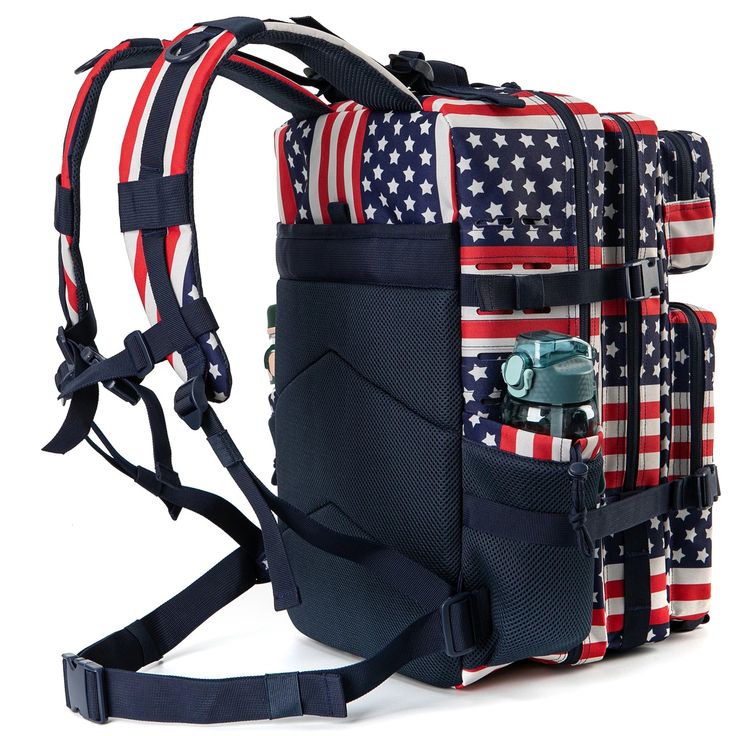 an american flag backpack with straps on the front and back, attached to a shoulder strap