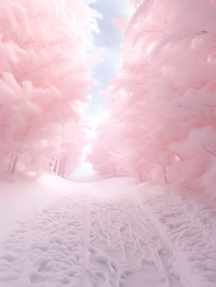 the snow is covered with pink fluffy trees