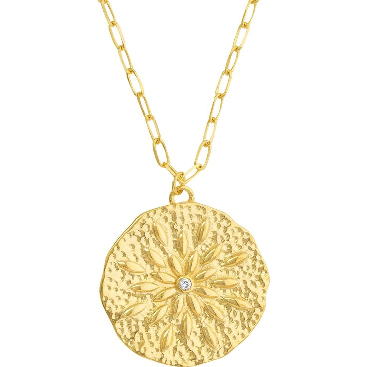 Savor the essence of true artisanship with the Sand Dollar Medallion Necklace with Diamond, a true testament to timeless design from Olas d'Oro. Crafted in exquisite 14K yellow gold, this necklace exudes an antique charm that will transport you to a bygone era, making you feel like a timeless treasure yourself.The focal point of this stunning piece is the intricately designed sand dollar medallion, which is adorned with a delicate 1/3pt diamond at its heart. The brilliance of this diamond adds a Yellow Gold Plated Round Coin Necklace, Yellow Gold Plated Coin Necklace With Round Shape, Luxury Gold Coin Necklace Tarnish Resistant, Luxury Gold Plated Tarnish Resistant Coin Necklace, Luxury Gold-plated Tarnish-resistant Coin Necklace, Luxury Tarnish Resistant Gold Plated Coin Necklace, Luxury Tarnish-resistant Gold-plated Coin Necklace, Elegant Gold Coin Necklace Tarnish Resistant, Gold Plated Tarnish Resistant Diamond Necklace