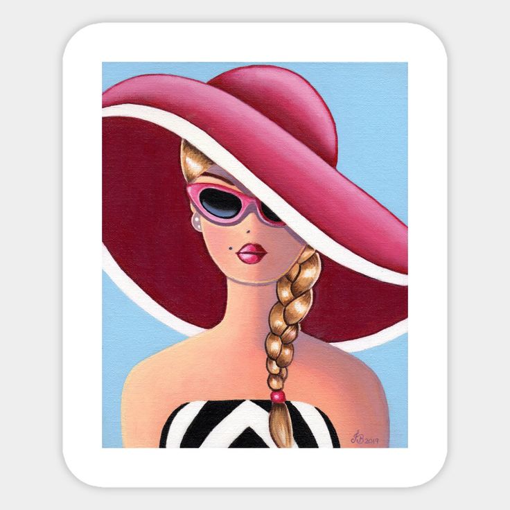 a painting of a woman wearing a pink hat and sunglasses